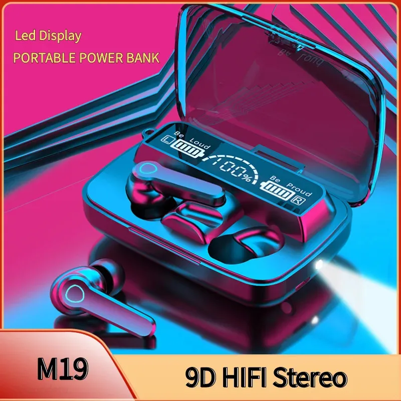 

Оригинальная Bluetooth-гарнитура M19, беспроводные наушники-вкладыши, спортивные наушники Intelligente Touch, светодиодный дисплей, хранилище, зарядка, сокровище, наушники