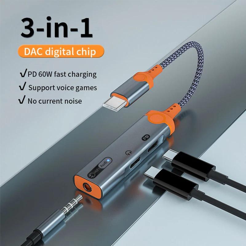 

3 in 1 Headphone Jack Adapter USB C Audio PD60W Fast Charging Splitter Type C to 3.5mm DAC Audio Dual Type C Earphone Converter