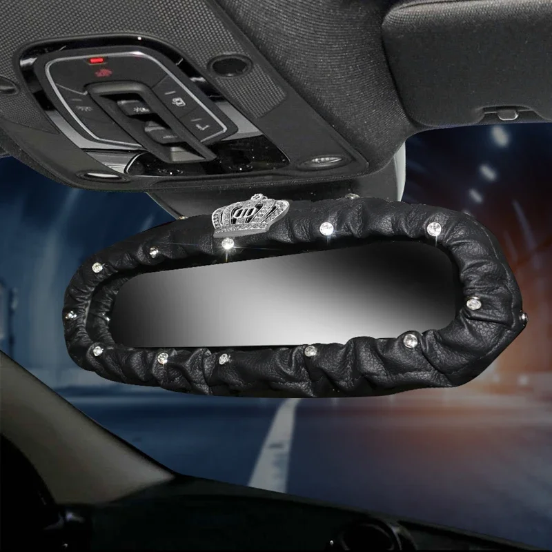 Rhinestone Diamond Car Rearview Mirror Cover Leather Crown Bee Auto Rear View Mirror Decoration Car Interior Accessories