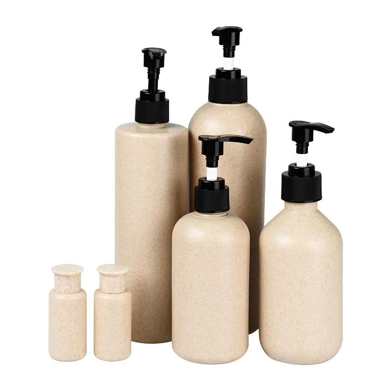 

Eco-friendly logo 30ml 300ml 500ml 250ml shampoo packaging lotion Biodegradable wheat straw PET empty plastic container bottle