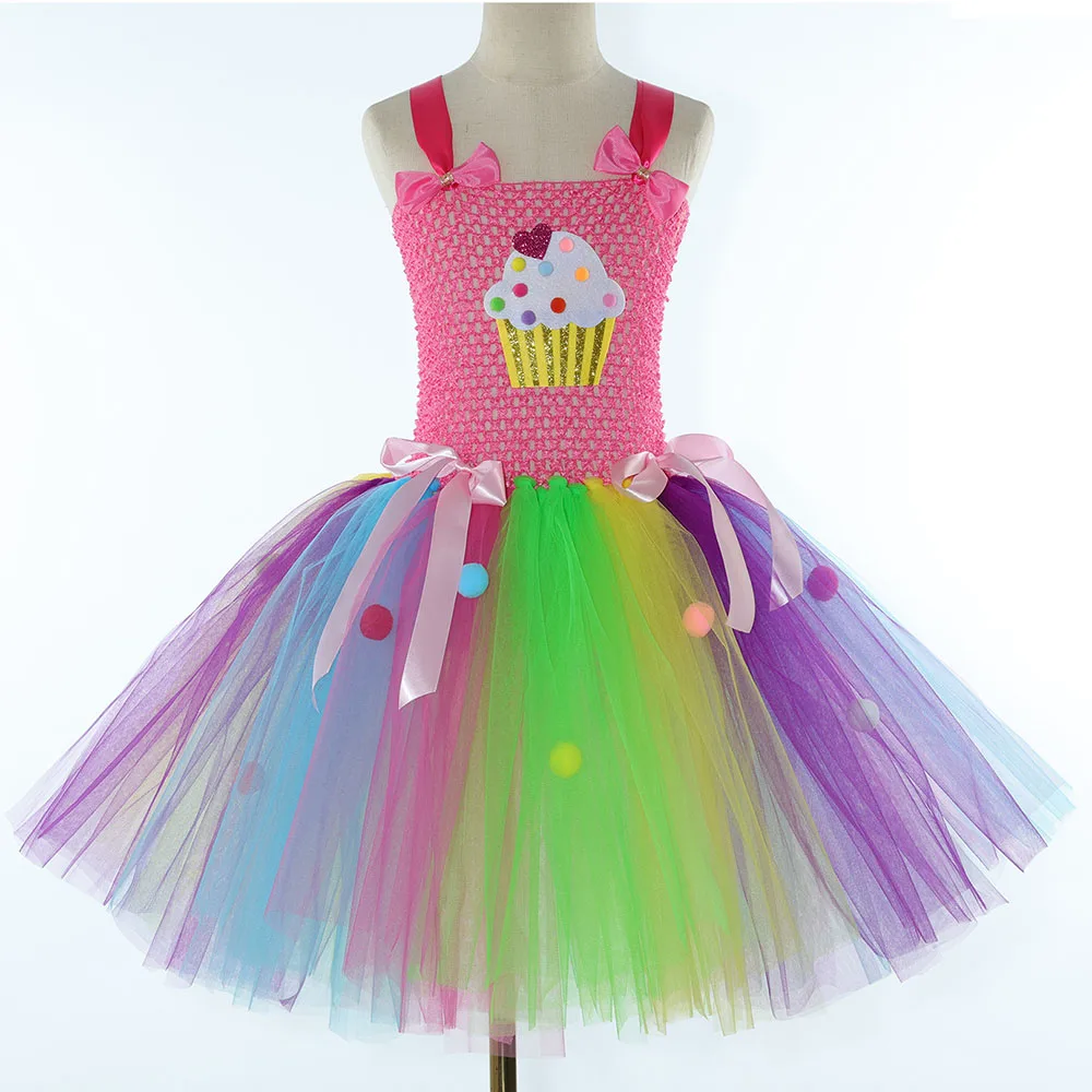 Girls Candyland Cupcake Costume Kids Rainbow Dessert Candy Cake Tutu Dress Toddler Girls Birthday Party Princess Dress Ball Gown