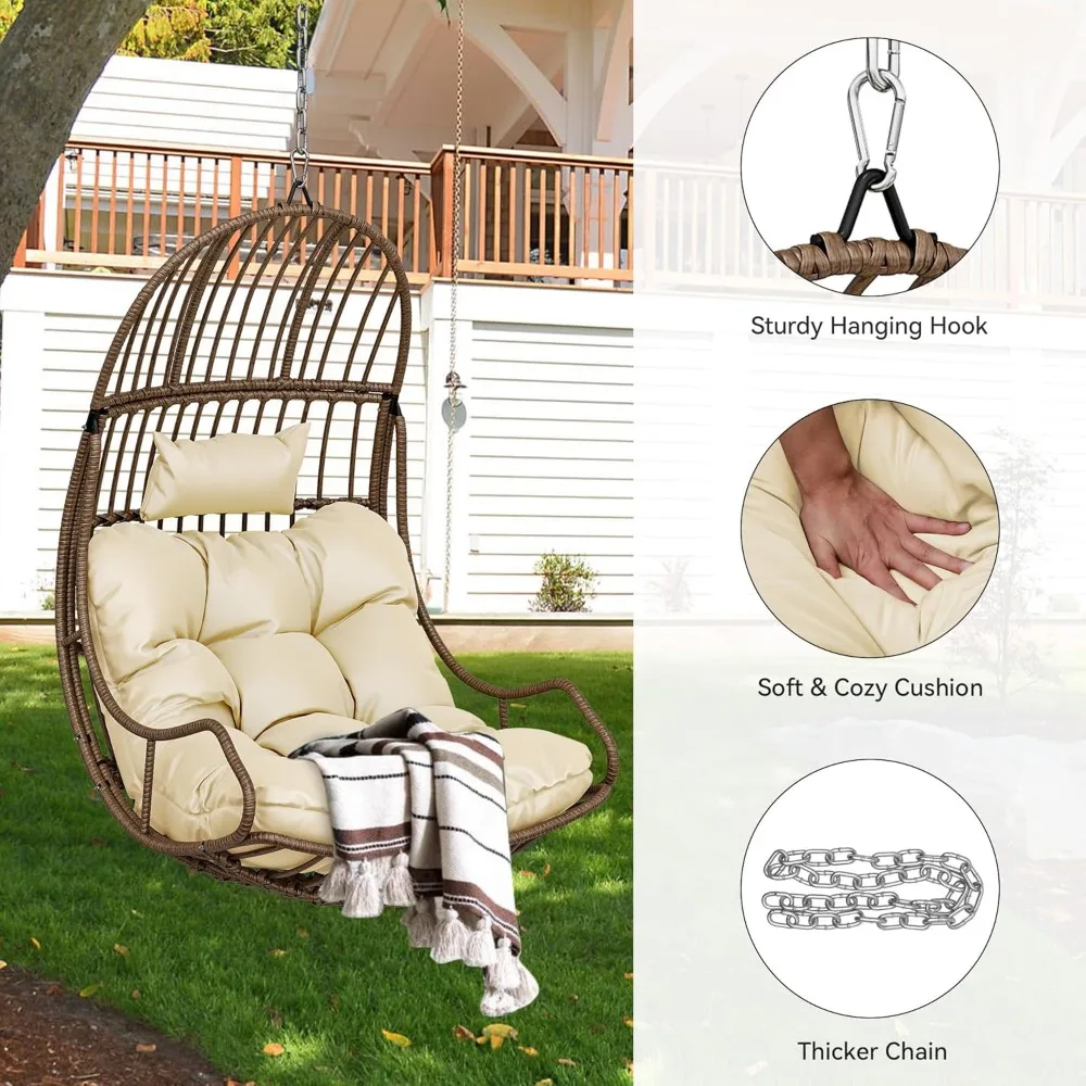 Hanging Egg Swing Chair Egg Chair Wicker Indoor Outdoor Hammock Egg Chair with Cushions 330lbs for Patio, Bedroom, Garden and B 4