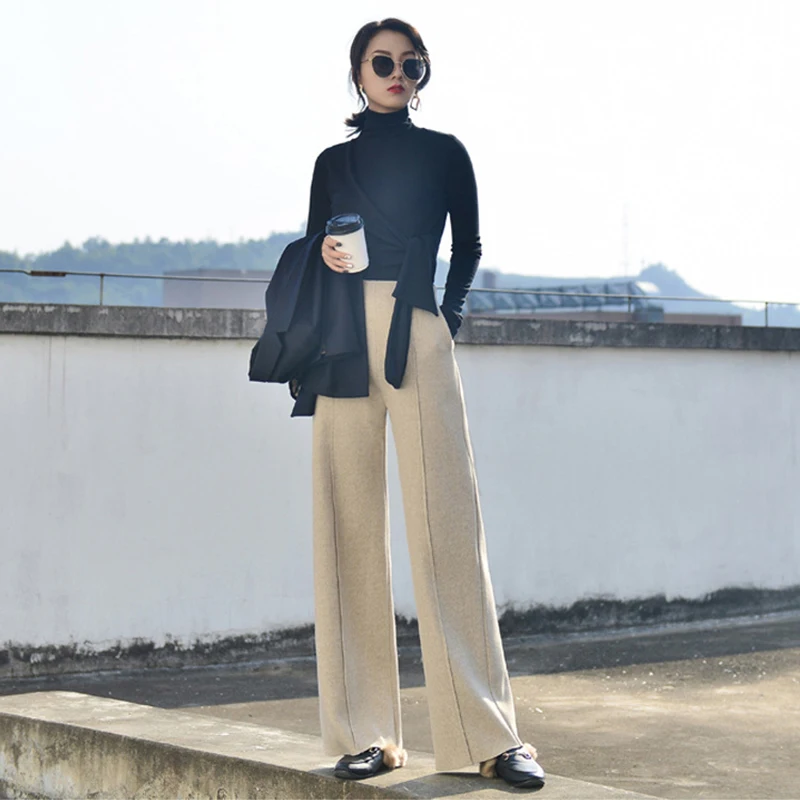 Women'S Woolen Wide Leg Pants 2023 Korean Fashion High Waist Suit Baggy Trousers Ladies Office Plus Size 2xl Winter Pantalones