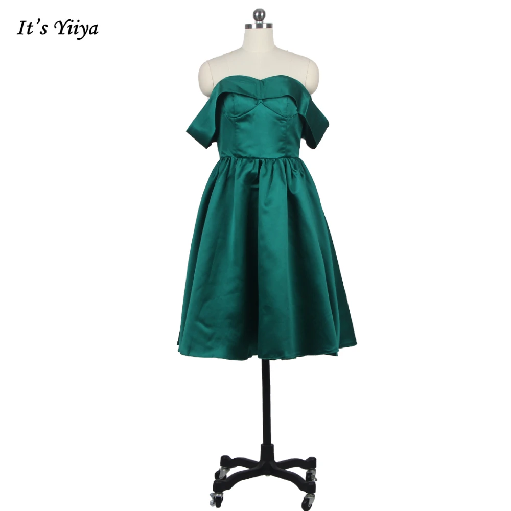 

It's YiiYa New Prom Dresses Green Satin Simple Strapless Zipper Back A-line Tea-length Plus size Women Formal Party Dress LX694