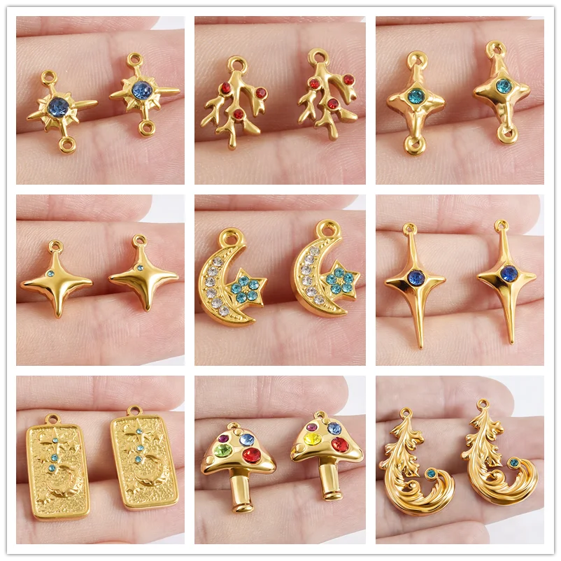 5 Stück/Set Edelstahl Strass-Anhänger Stern Mond Pilz für Schmuckherstellung Zubehör Strass-Charms DIY-Befestigungen