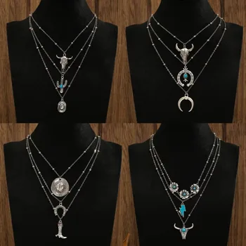 Western cowboy style necklace set, vintage cow head, hat layered necklace, collarbone chain, Halloween Christmas jewelry gift