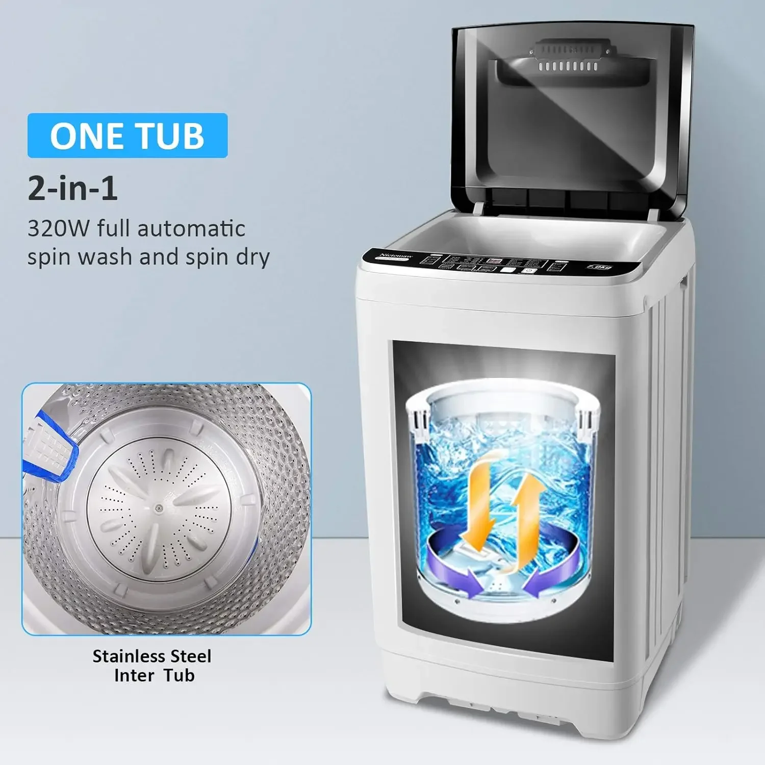 Portable Washing Machine 17.8Lbs Capacity Portable Washer 2.3 Cu.ft Full-Automatic Compact Laundry Washer With Drain Pump 2