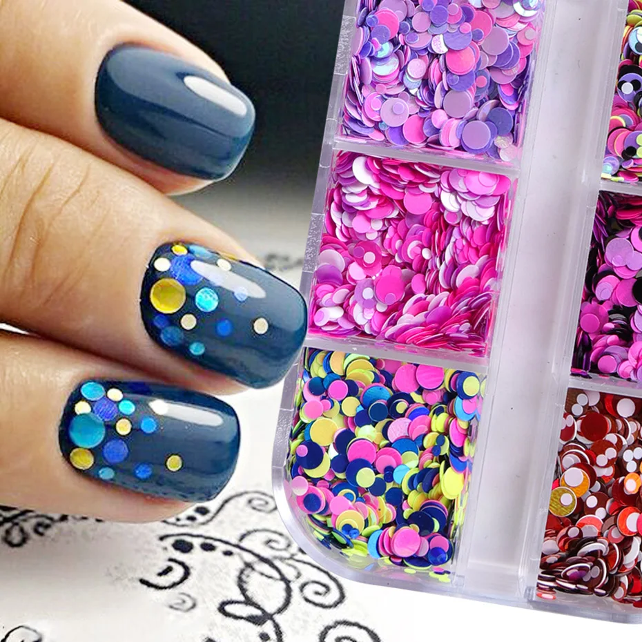 12Grid Nail Glitter Powder Mixed Color Round 3D Flakes Sequins Holographic Shiny Manicure Nail Art Decoration Accessories