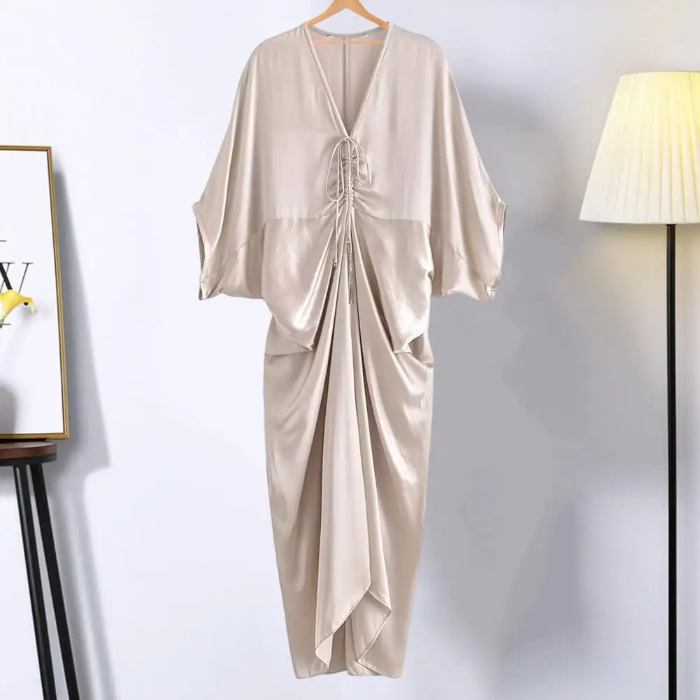 Summer Women Dress Drawstring Pleated V Neck Silky Satin Solid Color Irregular Baggy Bat Sleeves Prom Party Midi Dress