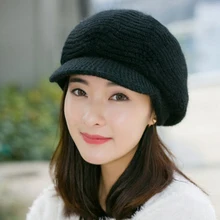 

New Winter Women Rabbit Fur Hat Warm Wool Knitted Plush Crochet Bonnet Mom Cap Gifts Fleece Hat beret