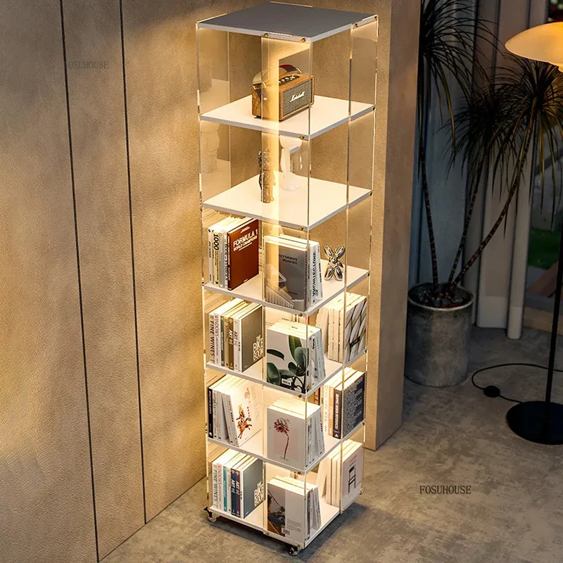 간단한 아크릴 회전 책장 바닥 이동식 디스플레이 스탠드, 거실 서재 코너 보관 랙, 도서관 다층 시트