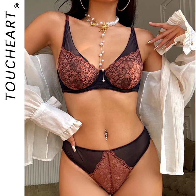 Toucheart Sexy Interesting Underwear Women's Lace Patchwork Mesh Floral Contrast Color See-Through Ultra Thin Bra Underwear Set