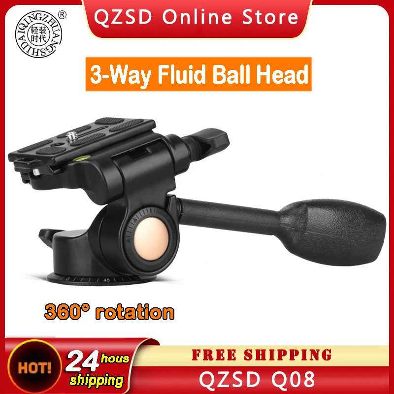 QZSD Q08 3-Way Fluid Ball Head Rocker Arm Video Tripod Ball Head+Quick Release Plate for DSLR Camera Tripod Monopod Ball Head