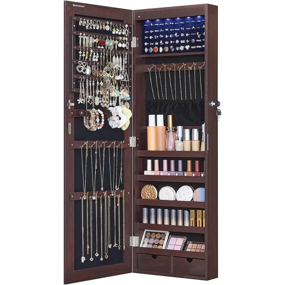 

Hanging Jewelry Cabinet, Wall-Mounted Cabinet with LED Interior Lights, Door-Mounted Jewelry Organizer, Full-Length Mirror