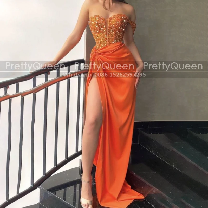 

Stylish Orange Sequins Bridesmaid Dresses Pleat High Split Mermaid Strapless Aso Ebi Women Long Sheath Wedding Party Dress