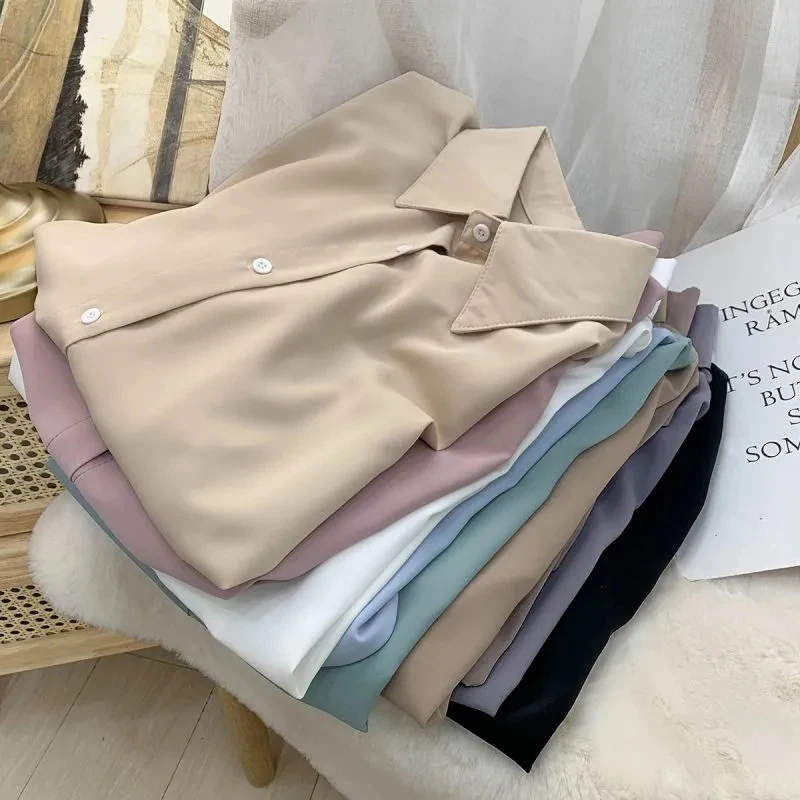 Camisas blancas de gasa para mujer, moda coreana, Tops holgados lisos de manga larga, blusas informales elegantes que combinan con todo para oficina, novedad de primavera