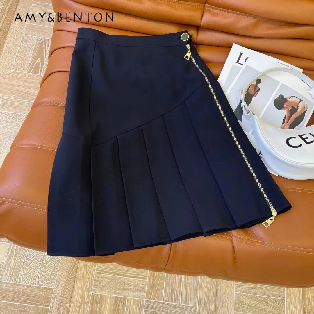 

2023 Summer New Fashion All-Match Short Skirt High Waist Slimming Zipper Beveled Stitching Pleated Mini Skirt for Women