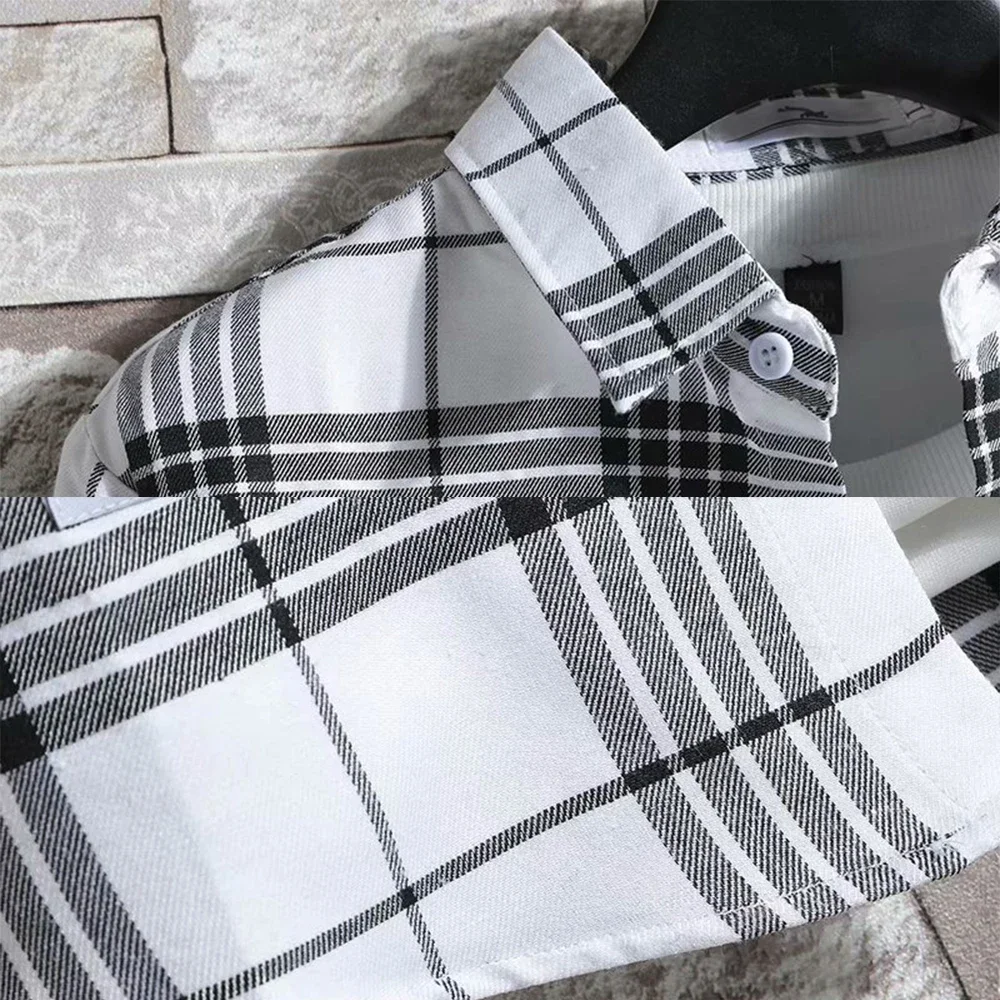 New Men's Casual Plaid Shirt Polyester Long Sleeve Lapel Plaid Casual Loose Top Coat Street Retro Korean Fashion Shirt L-5XL