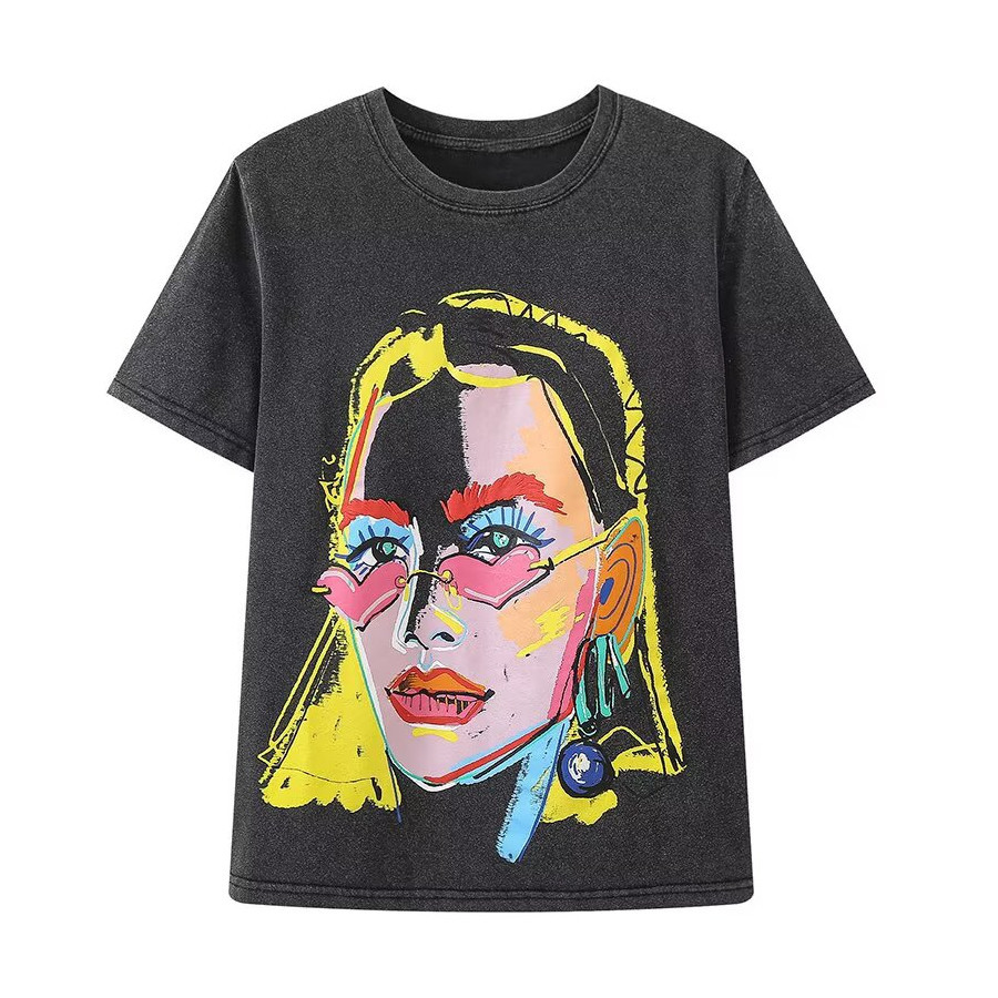 PB&ZA2025 Summer New Products Women's Retro Commuting Print Washed Distressed Effect Short-Sleeved T-Shirt 1131/340