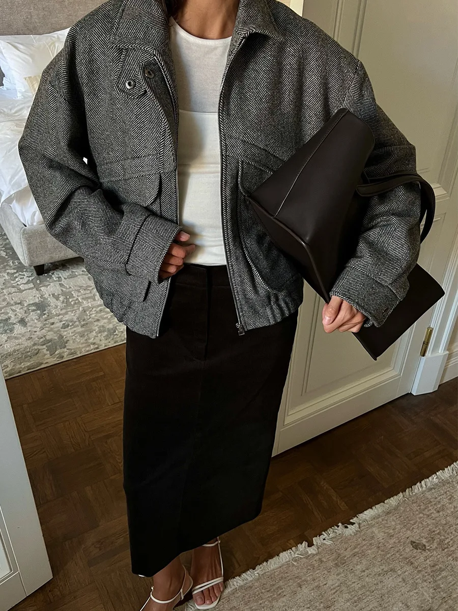 Bornladies New Autumn Winter Retro Jacket Women's Zipper Front Coat Fit Flap Pockets Stand Up Collar Casual Jackets