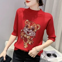 

KCHY Red Sweater Women 2022 Spring New Fashion Elegant Diamond Knitwear Cartoon Pullover Five-Quarter Sleeves Top
