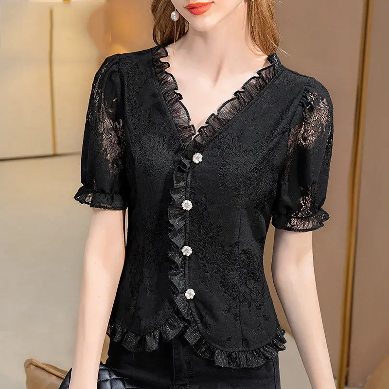 Summer Women Clothing Short Sleeve Top Ladies Lace Chiffon Shirts Female Elegant Ruffles Embroidery Blouse