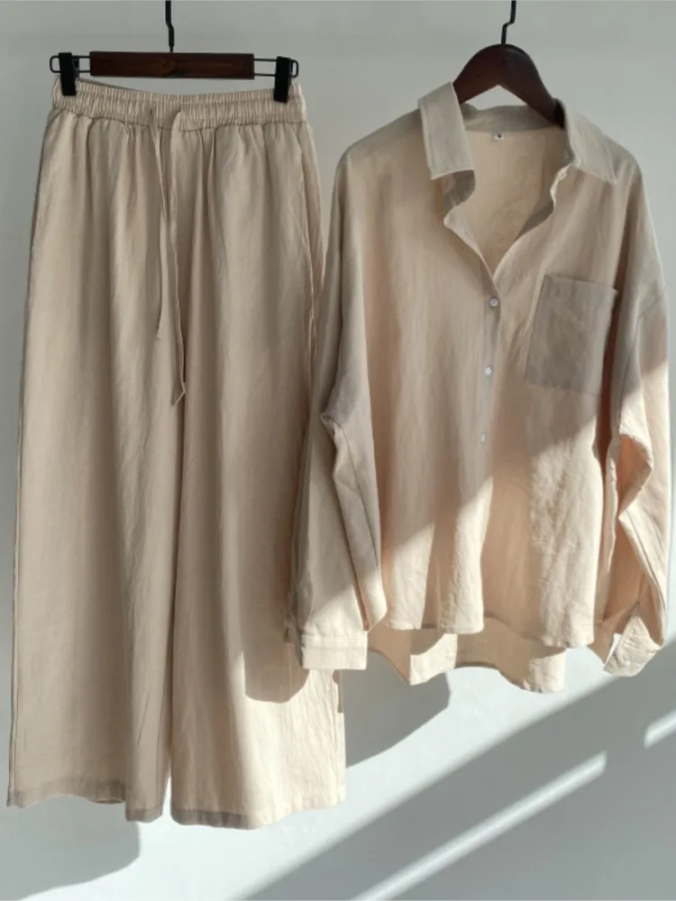 Fashion Button Long Sleeve Shirt + Pants Two Piece Sets Woman 2024 Spring Summer Cotton Linen Casual Home 2 Piece Set For Women