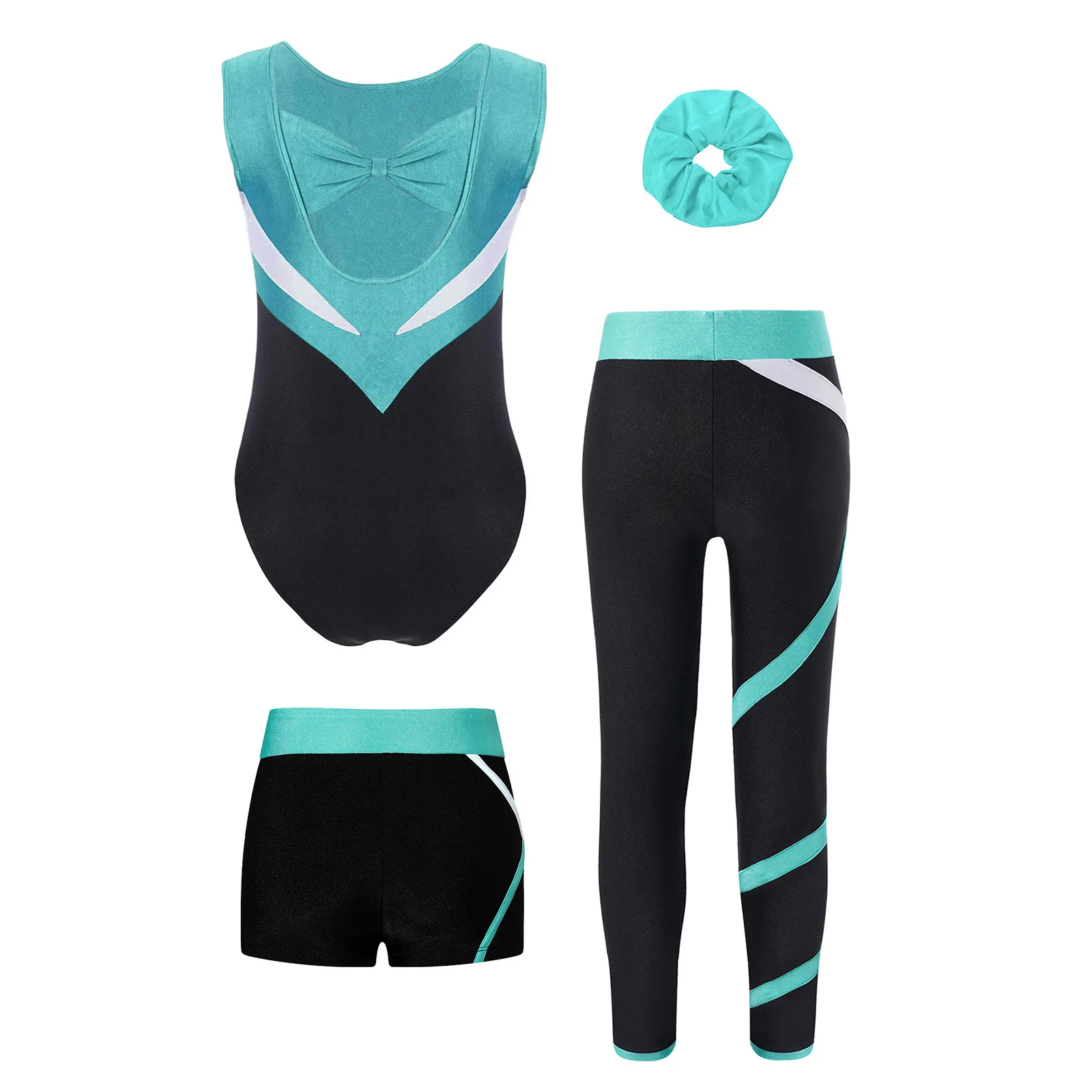 Kinder Mädchen Gymnastik Ballett Tanz Outfit Schleife Ausschnitt hinten glitzernde Strasssteine Trikot mit Shorts Leggings und Haarband – Detail 27
