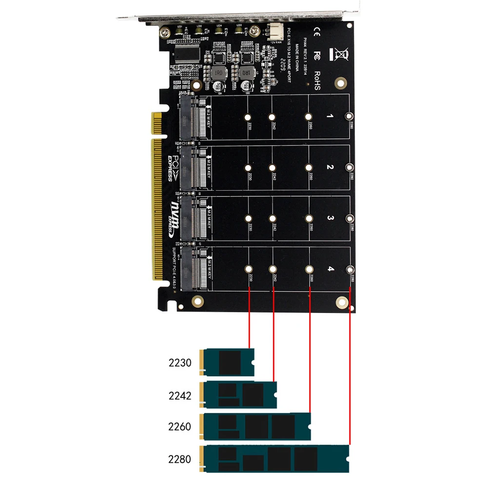4 Port M.2 NVME SSD To PCIE X16 Reader Expansion Card LED Indicator Adapter Card Support M.2 PCI-E SSD/M.2 Device NVME Protocol