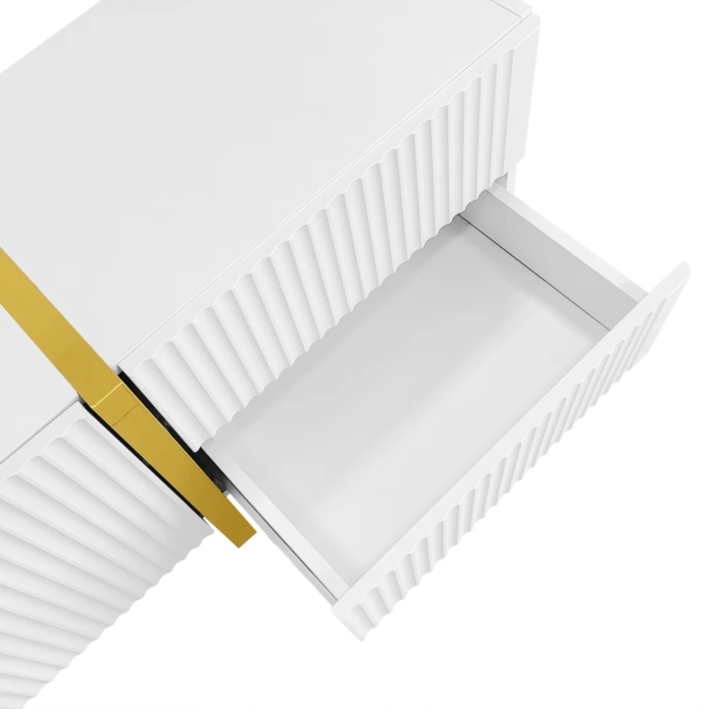 PINGGO 190CM TV-Schrank mit 3 Türen 2 Schubladen Weiß Holzschnitzerei Goldene Akzente Wohnzimmer Unterhaltungscenter – Detail 23