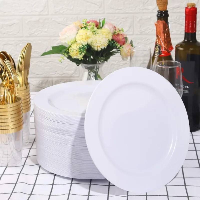 100PCS White Plastic Plates-10.25inch Disposable Dinner Plates-Premium Party&Wedding Plates