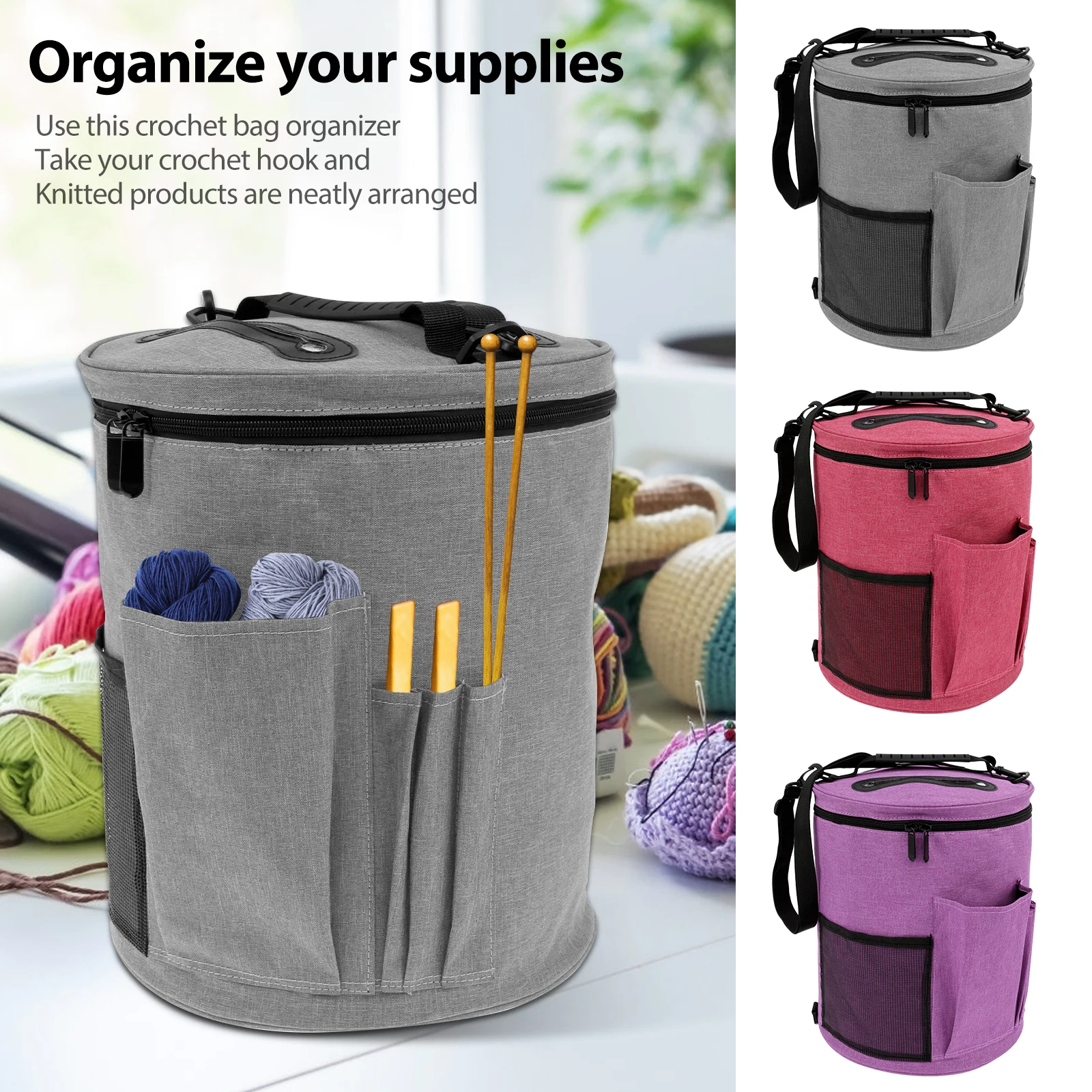 Knitting Tool Storage Bag Yarn Crochet Organizer Tote Bag Large Capacity Portable with Front Yarn Needles Hooks Pocket for Knitting Tool Organizer