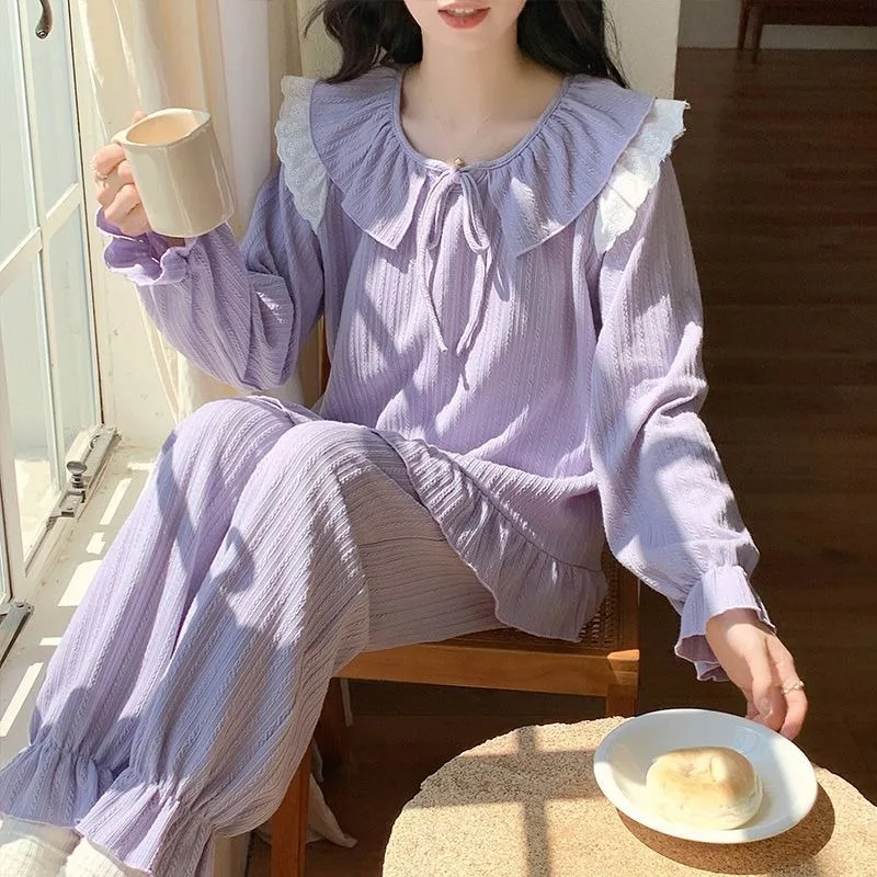 

Women Spring Autumn New Pajamas with Chest Pad Solid Color Pyjamas Long Sleeve Ruffled Nightdress Simple Sweet Sleepwear Set