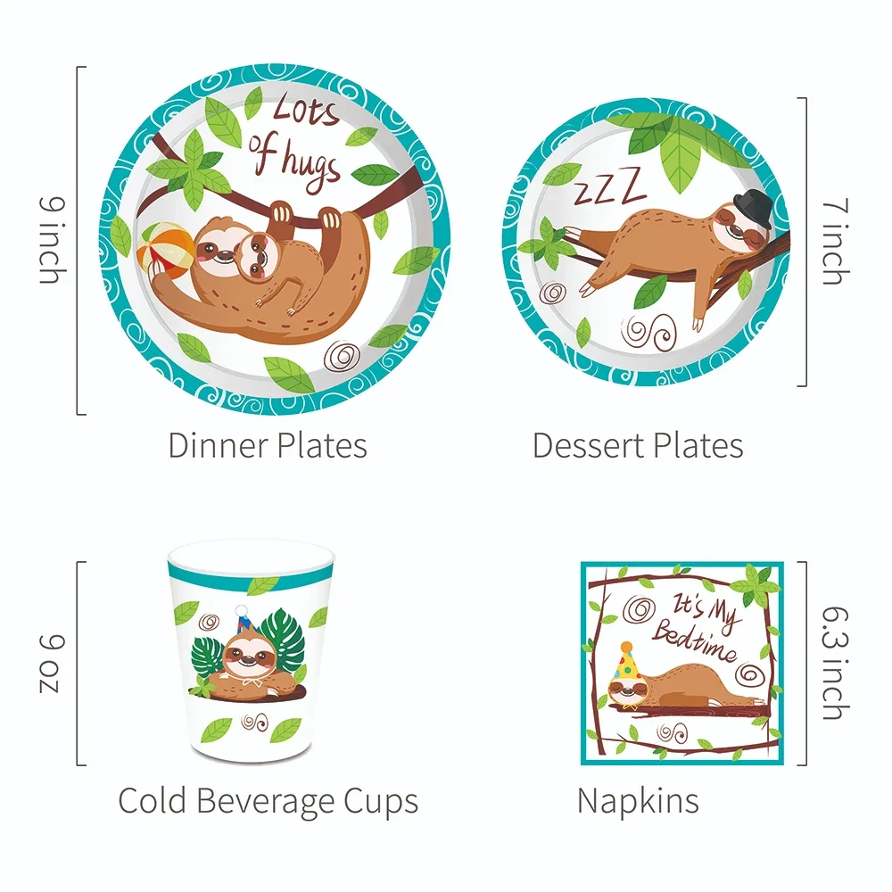 Description Picture 4 of itemCartoon Animals Sloth Jungle Birthday Party Disposable Tableware Sets Banner Backdrops Wild ONE Baby Shower Party Decorations