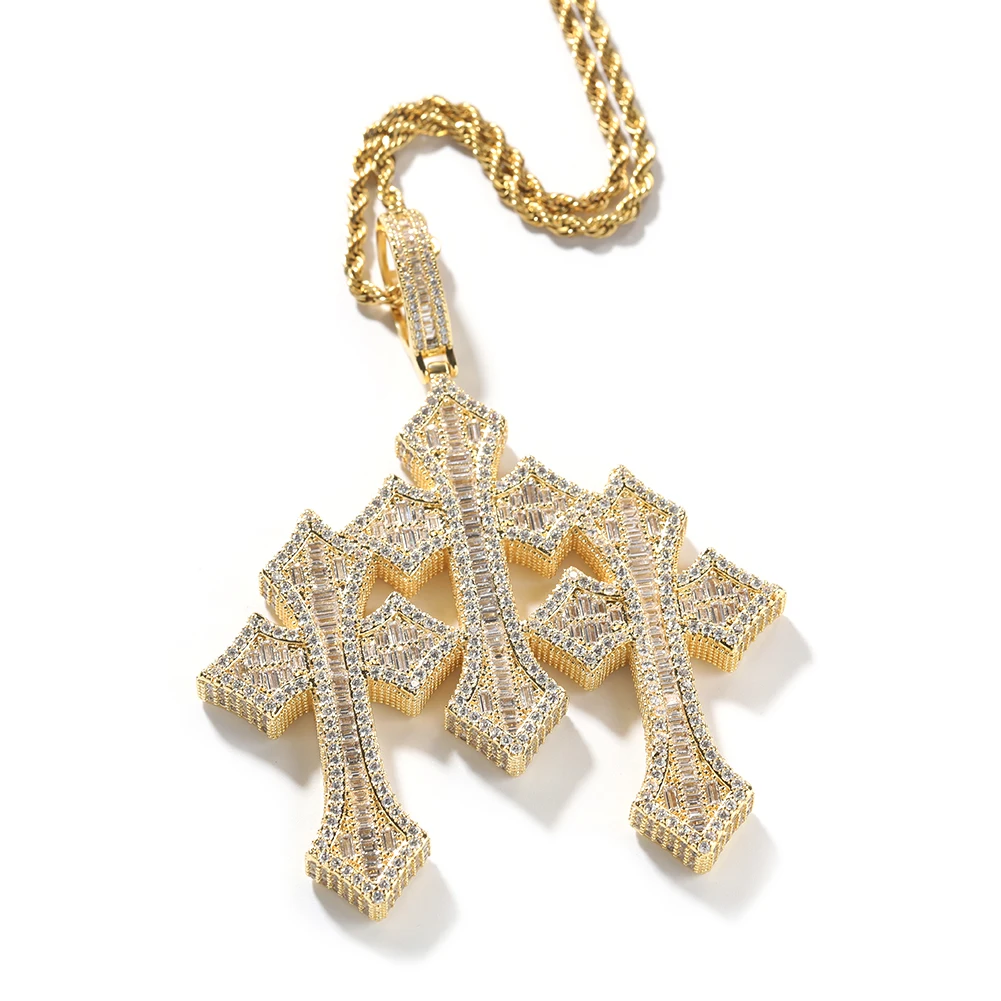 UWIN Iced Out Stacked Crosses Pendant Necklaces for Men Baguettecz Cubic Zirconia Charms for Rappers Pendants Hip Hop Jewelry