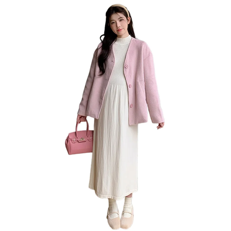Winter Plus Size Female Woolen Outwear Long Sleeve V-neck Single-breasted Maternity Jacketsr Fashion Pink Pregnant Woman Coats