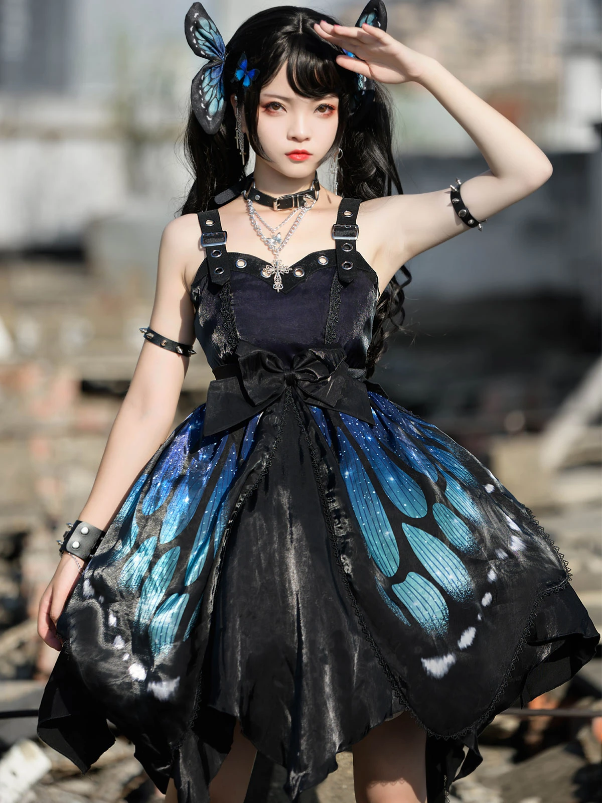 Gothic Lolita Jsk Dress Blue Sleeveless Lace Up Ruffles Bow Butterfly  Pattern Polyester Casual Lolita Jumper Skirt - Lolita Collection -  AliExpress