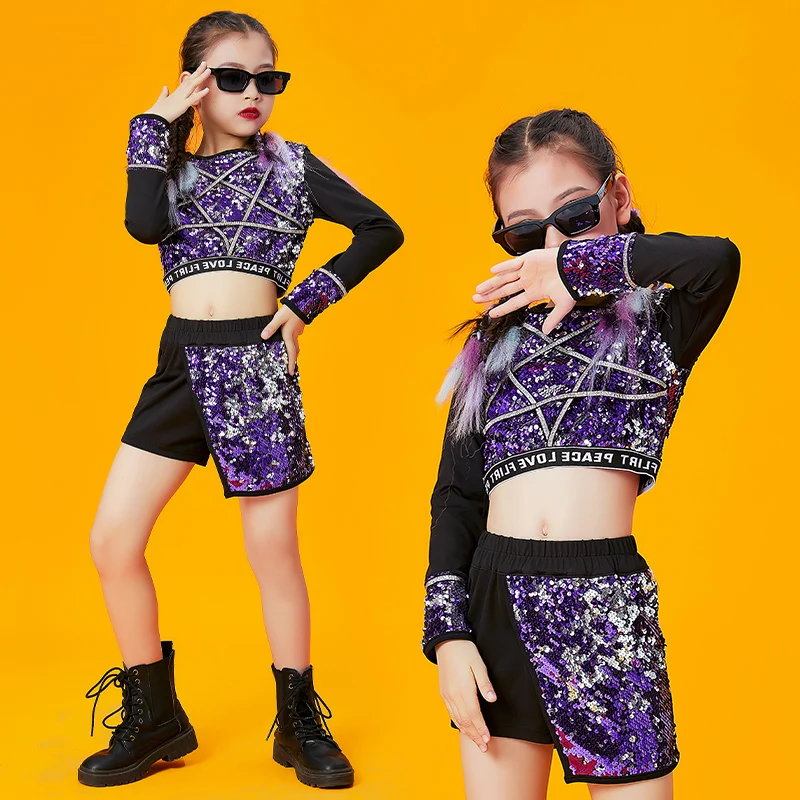 

Children Jazz Performance Costumes Sequins Outfits Ballroom Hip Hop Dance Clothing For Girls Street Dance Rave Clothes DQS8924