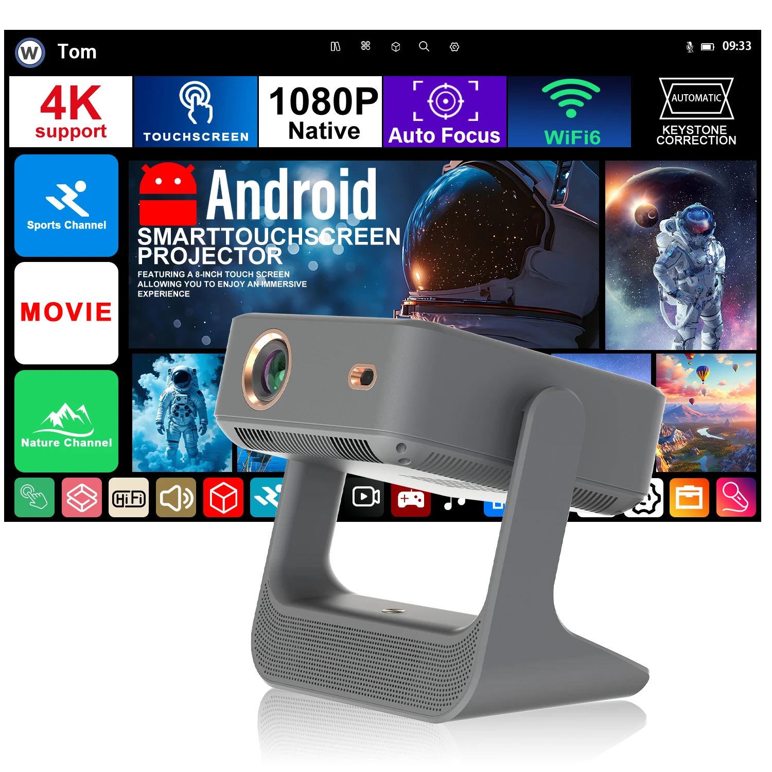7인치 1080P 4K 프로젝터 자동 초점 180 °   회전식 천장 시네마 HDMI USB BT5.0