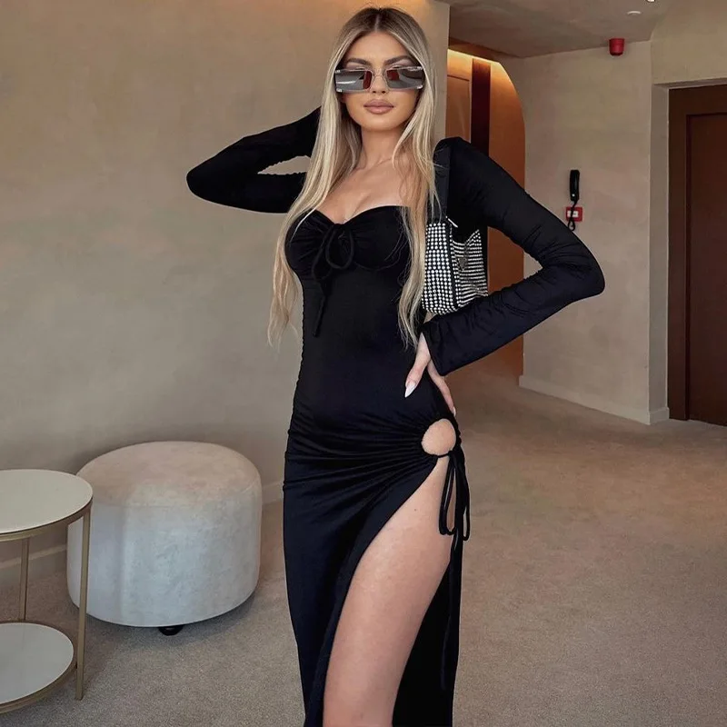 

Sexy Dresses 2024 Autumn New For Women U-neck Solid Color High Slit Bandage Slim Long Sleeve Parties Vacation Tight Dress MsChuh