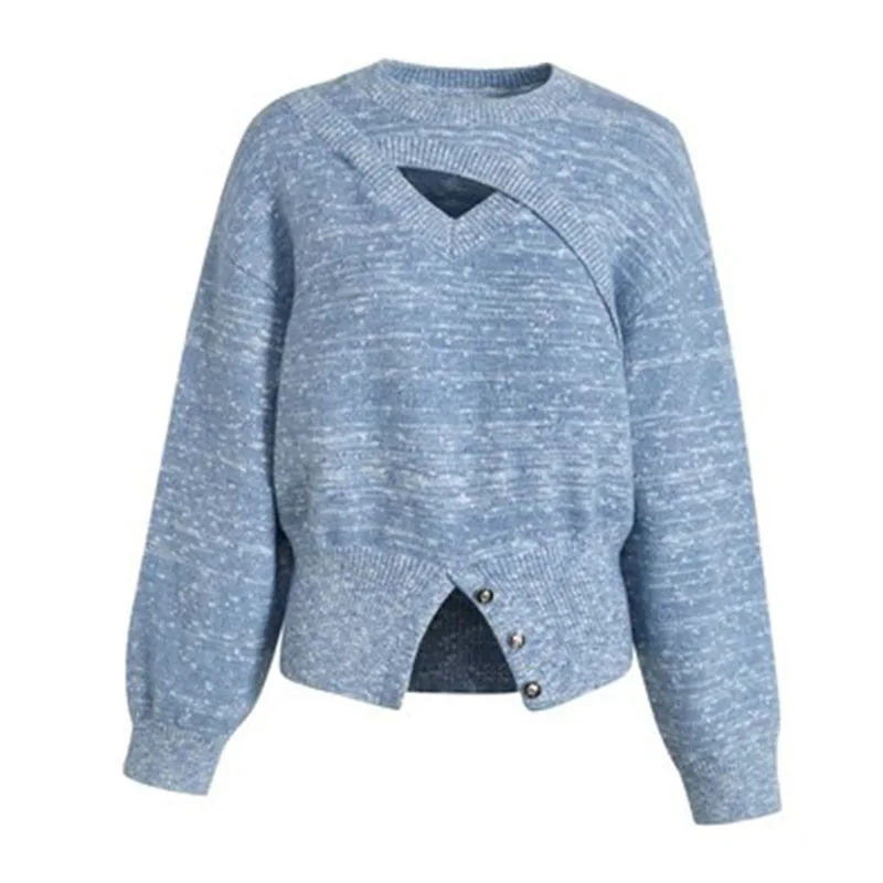

Hollow Out O Neck Split Button Women Sweater 2023 New Arrival Autumn Winter Long Sleeve Blue Commuting Loose Knitting Pulovers