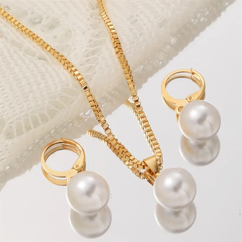 Vintage Simple Imitation Pearl Pendant Necklace Earring Set for Women Gold Color Chain Metal Jewelry Set Wedding Birthday Gifts 3