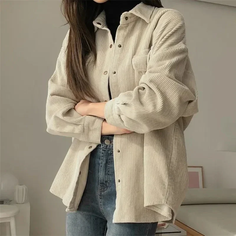 

Spring New Corduroy Shirts Woman Casual Single-Breasted Loose Basic Jacket Women 2023 Autumn Vintage Long Sleeve Coats