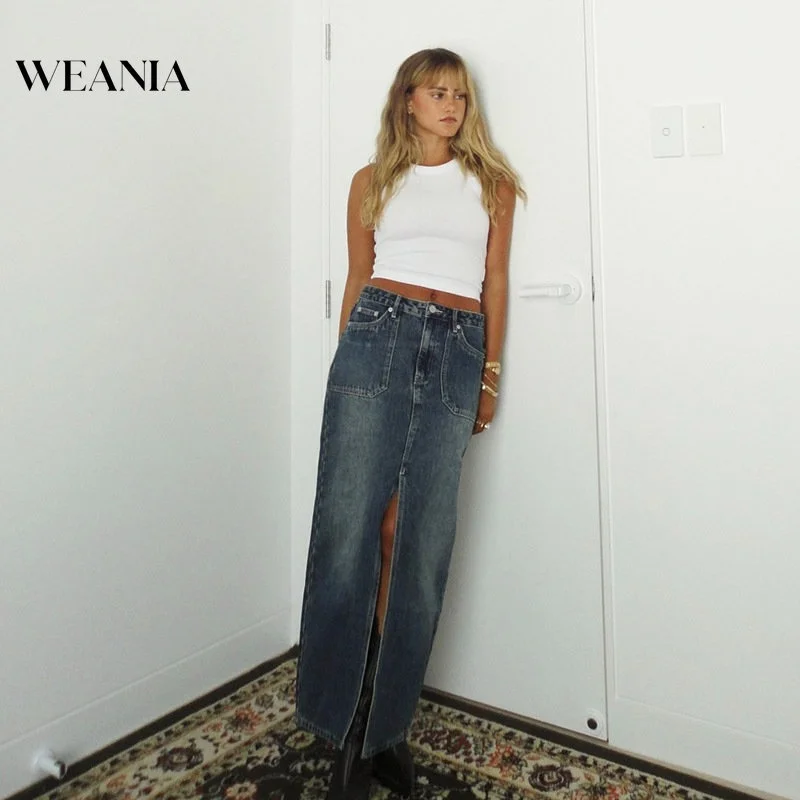 

Women Retro Elegant Split Pockets Long Denim Skirt
