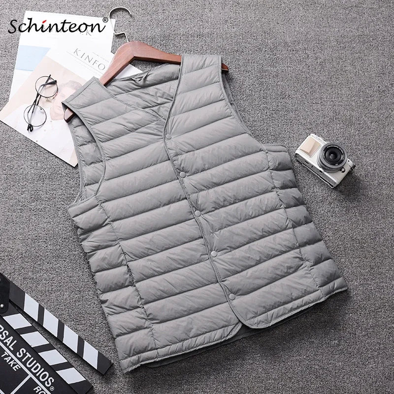 Schinteon Men Light Down Vest Gielt Casual Waistcoat Spring Autumn White Duck Down Jacket Male V-neck Sleeveless Coat Liner Vest