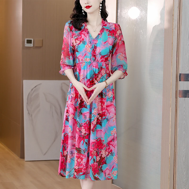 

2023 New Fashion Silk V-Neck Silk Printed Dress Women's Summer Elegant Versatile Loose Fit Casual Holiday Dress Vestidos