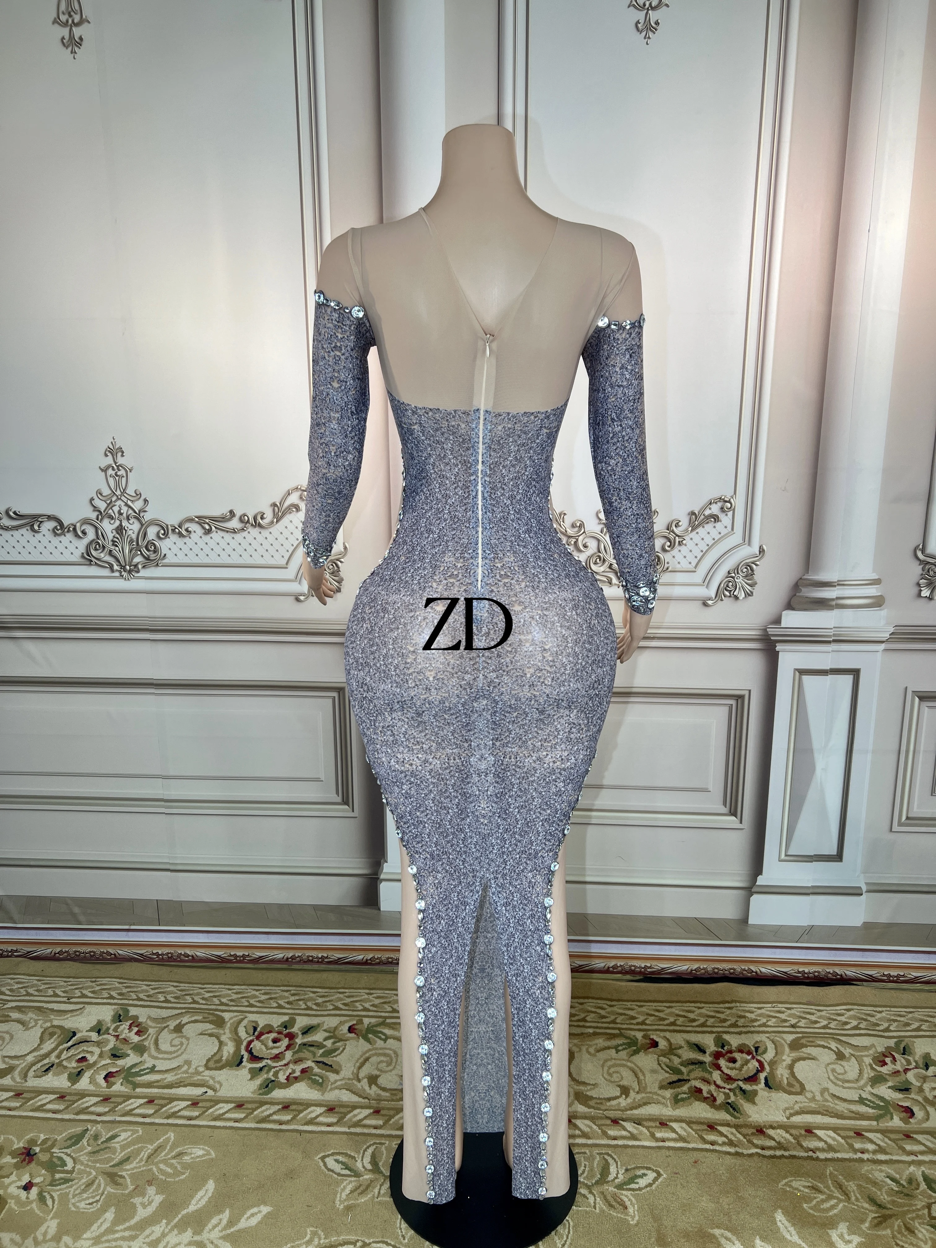 Sexy Silver Big Rhinestones Stretch Evening Birthday Celebrate Dress Dance  Performance Stones Outfit Collection