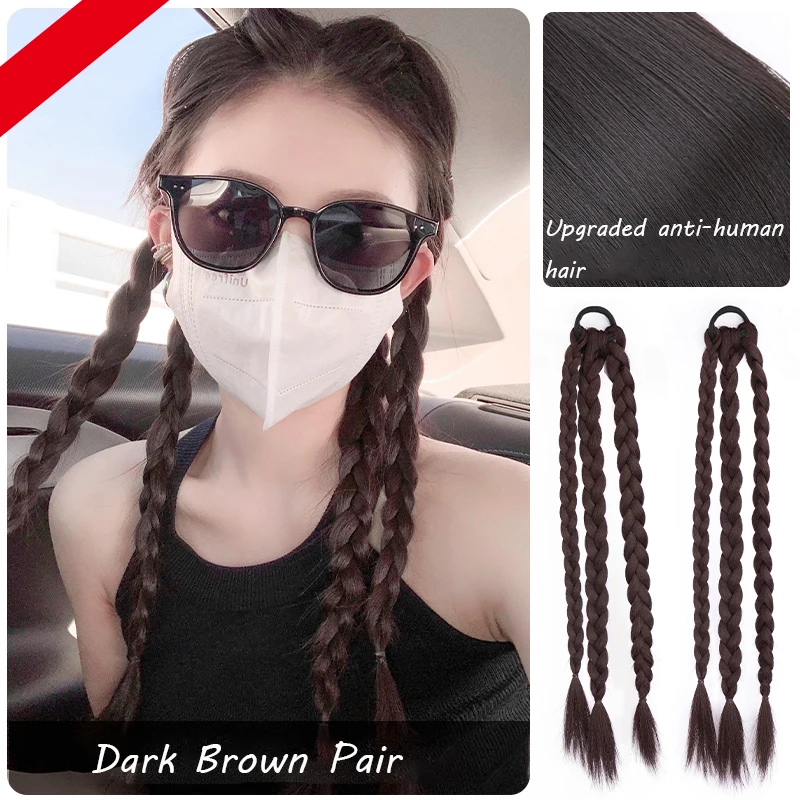 Ponytail Extensions Synthetic Boxing Braids Wrap Around Chignon Tail With Rubber Band Hair Ring Brown Black Ombre Braid