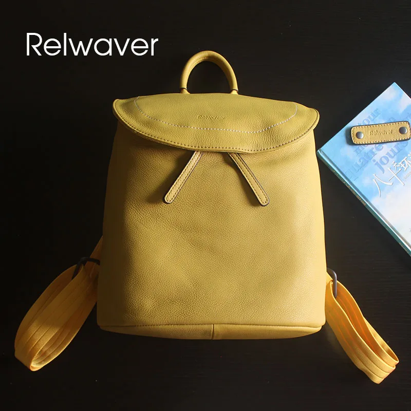 Relwaver backpack women genuine leather natural cow leather backpack yellow black casual school bag soft  bucket cover women bag