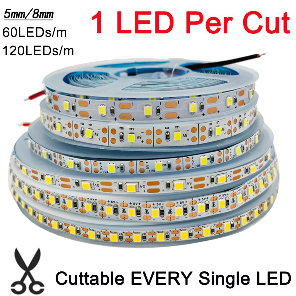 5m 5V DC 2835 LED Strip 60LEDs/m 120LEDs/m 1 LED Per Cut Flexible Tape ...